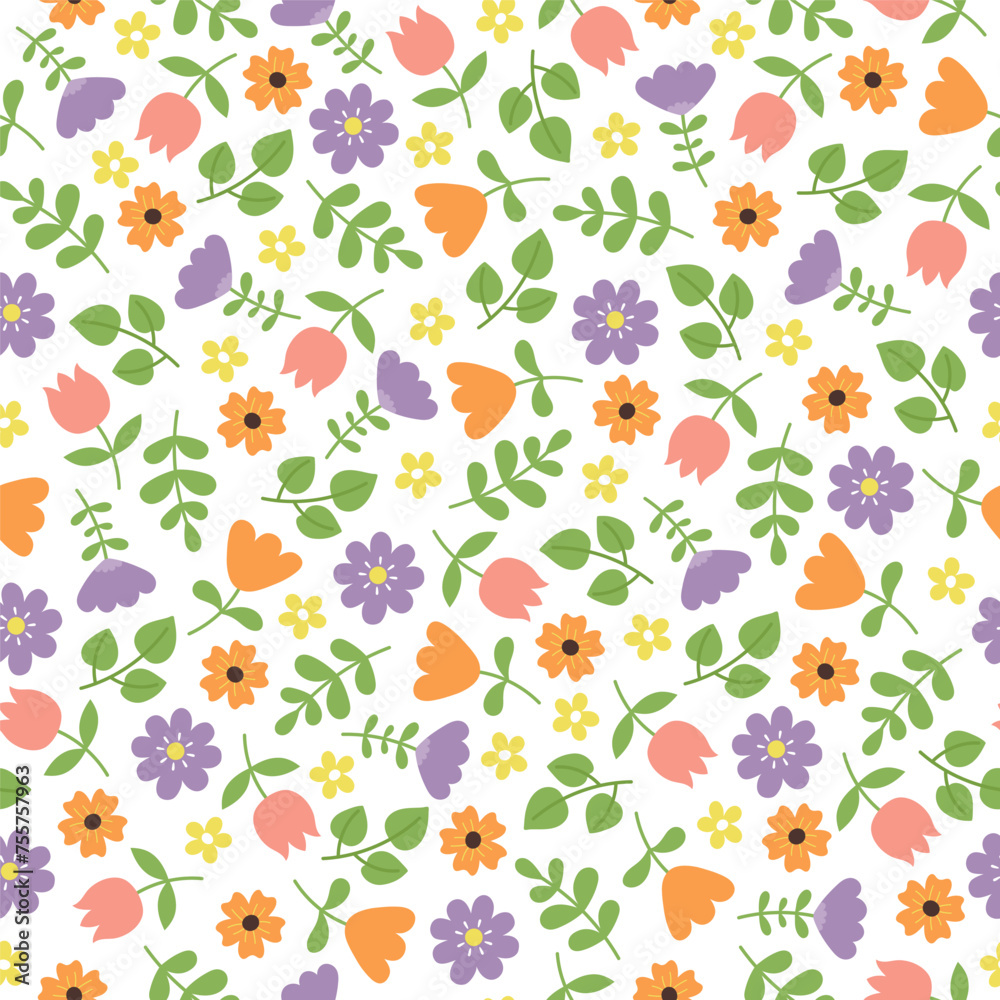 Seamless pattern with flowers on white background. Template for cards, posters, postcards, prints, wallpaper, fabric. Vector illustration