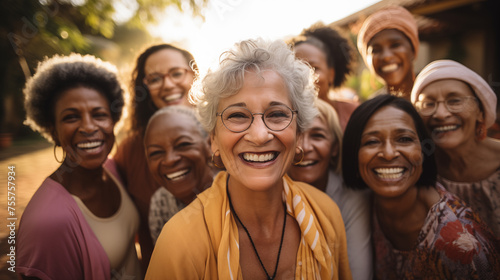 Joyful Multicultural Senior Women Together. Group of diverse, joyful senior women sharing a cheerful moment outdoors, with genuine smiles and laughter, embodying friendship and happiness.