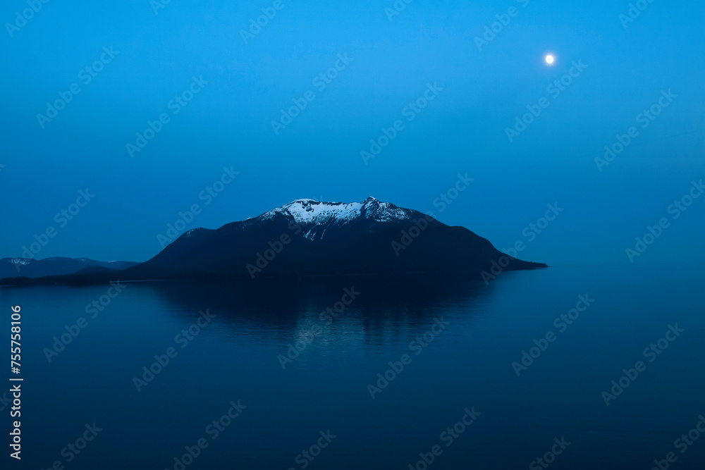 Remote Snow Capped Island, Moon Glow in Alaska