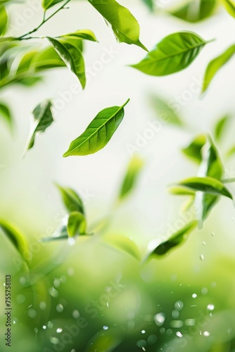 Fresh green leaves with dewdrops in natural light for serene environment. Freshly fallen rain on vibrant leaves for botanical backdrop. Dew kissed foliage in soft daylight for peaceful nature scenes.