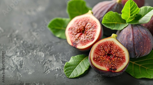 Sliced ripe fig with visible seeds and juicy pulp beside whole figs. Halved fig revealing seed pattern and lush pulp on a moody backdrop.