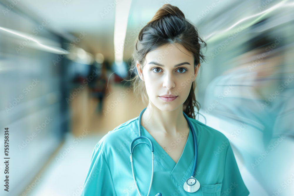 Fototapeta premium A portrait of a female health care medical worker, blurred background, motion blur, long exposure, bokeh. Created with Generative AI technology.