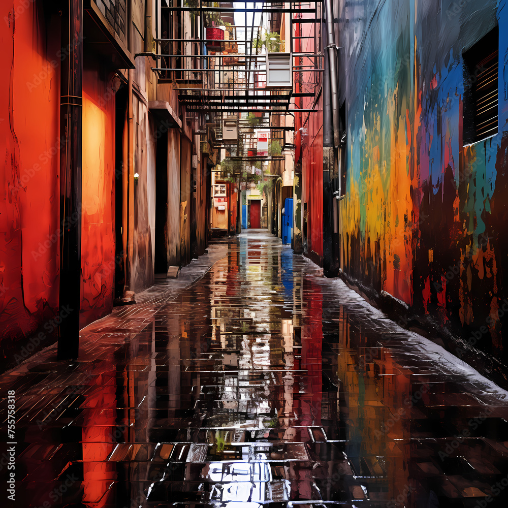 Abstract reflections in a rain-soaked alley. 