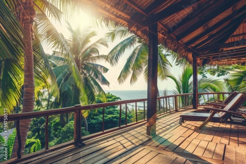 summer delight wooden balcony patio deck with sunlight and coconut tree panorama view house interior mock up design background house balcony daylight.