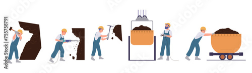 Coal mining industry set with people characters working underground using machinery and manual tools