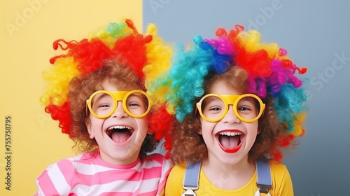 Children boy in a colorful wig and joker outfit dress for April fool day
