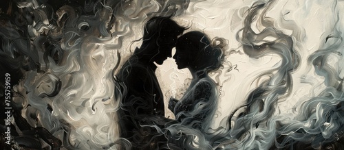Tender Embrace in Swirling Smoke and Firelight A Dramatic Chiaroscuro Painting Inspired by Caravaggios Artistic Mastery photo
