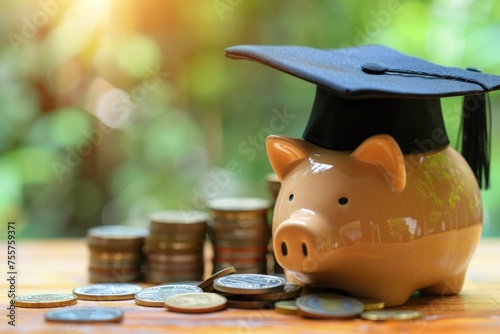 coins in a piggy bank wearing a Black Graduation Cap in the background as an illustration of financial and education concept