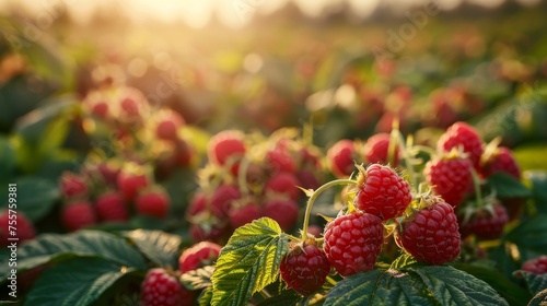 Ripe red raspberries growing in a lush field