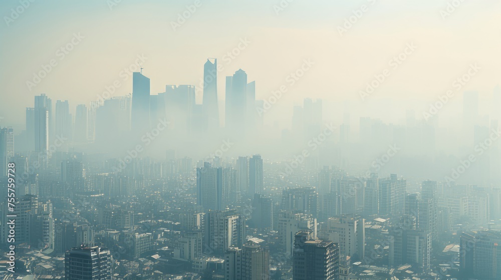 Fototapeta premium A city blanketed in a thick layer of smog and pollution