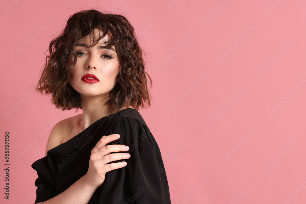 Portrait of beautiful young woman with wavy hairstyle on pink background. Space for text Portrait of beautiful young woman with wavy hairstyle on pink background. Space for text