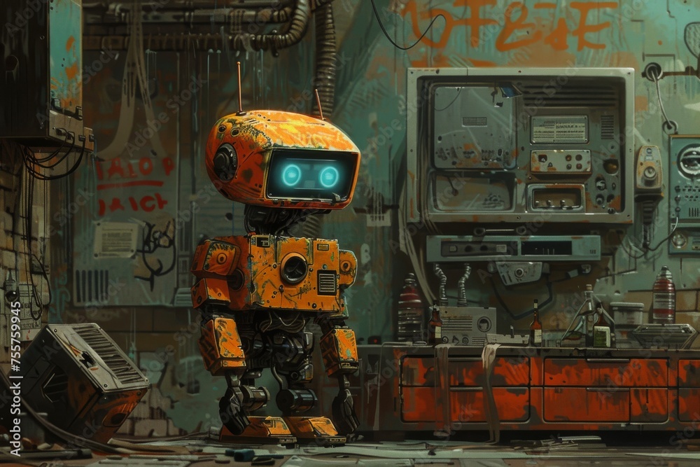 Fototapeta premium A retro robot mechanic assembling robots from junk stands in a workshop cluttered in a post apocalyptic setting