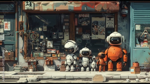 A diverse assembly of robots resembling a family poses in front of an eclectic vintage shop