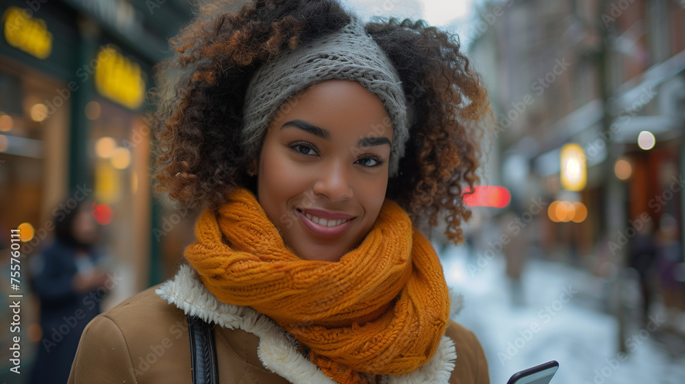 black woman holding a mobile phone . black woman holding a mobile phone .