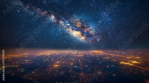 Milky Ways Spectacular View Over City Lights - A Symphony of Starlight and Urban Landscape