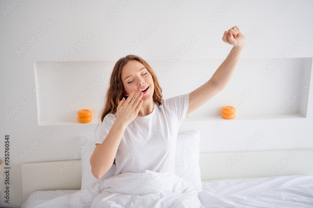 Photo of peaceful positive girl sit comfort bed closed eyes stretch hand cover mouth yawn morning bedroom flat inside Photo of peaceful positive girl sit comfort bed closed eyes stretch hand cover mouth yawn morning bedroom flat inside