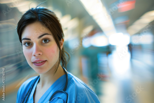 A portrait of a female health care medical worker, blurred background, motion blur, long exposure, bokeh. Created with Generative AI technology.