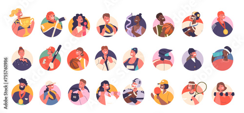 Sportsmen Character Avatars Set. Hockey, Gymnast, Basketball or Rugby. Baseball, Martial Arts, Swimmer and Tennis Player
