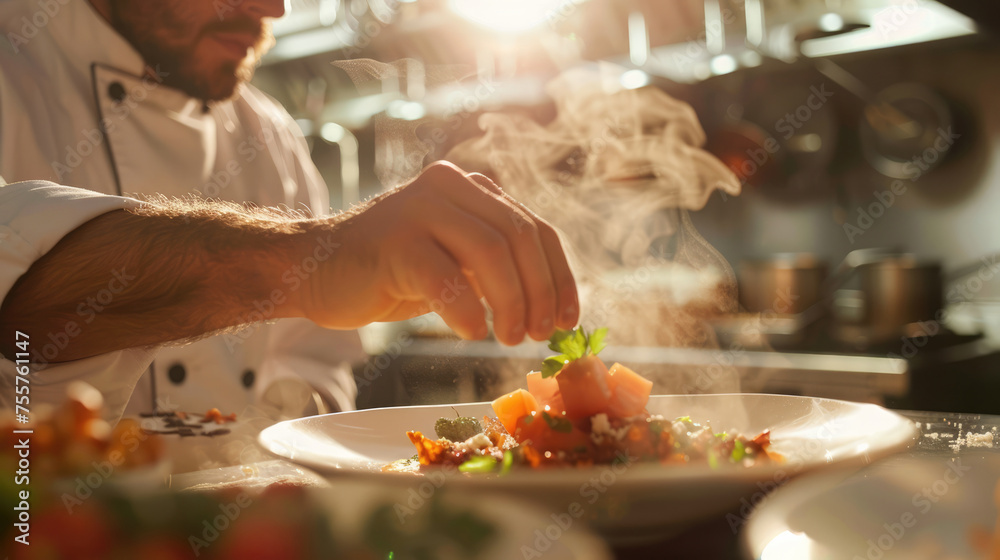 Generative AI, chef is garnishing a dish on the plate, cooking with steaming hot pan, restaurant kitchen
Generative AI, chef is garnishing a dish on the plate, cooking with steaming hot pan, restaurant kitchen