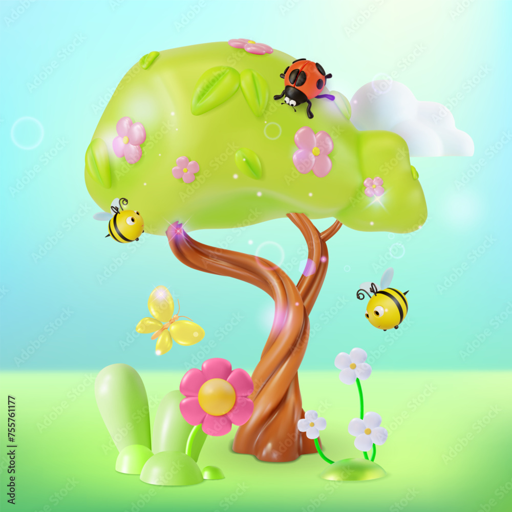 Fototapeta premium 3d Blooming Tree with Flying around Bees, Ladybug Insect and Butterfly Cartoon Style Spring Concept. Vector illustration