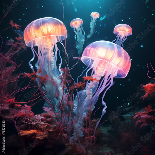 Bio-luminescent jellyfish illuminating an underwater © Cao