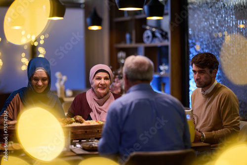 A modern and traditional European Islamic family comes together for iftar in a contemporary restaurant during the Ramadan fasting period, embodying cultural harmony and familial unity amidst a photo