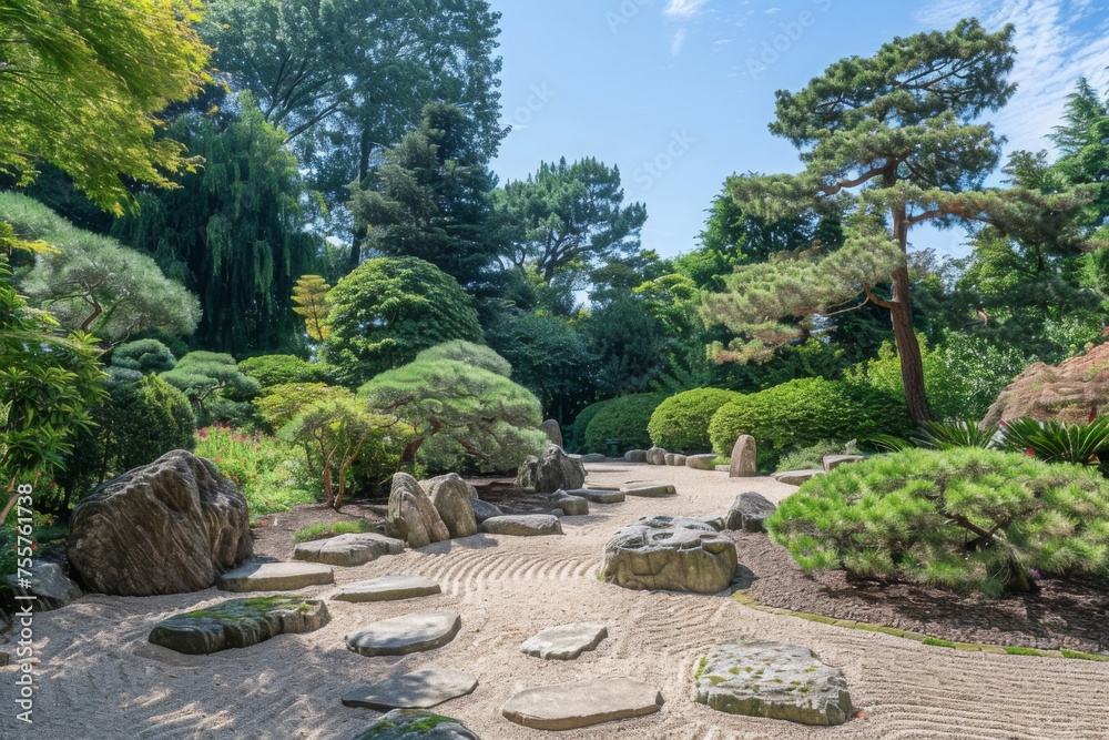 Zen garden with carefully manicured rocks. a meditative pathway. and lush greenery. This serene space provides a peaceful retreat for reflection and relaxation Zen garden with carefully manicured rocks. a meditative pathway. and lush greenery. This serene space provides a peaceful retreat for reflection and relaxation