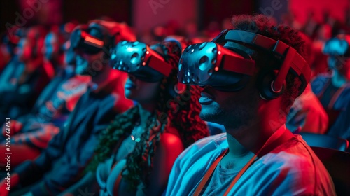 People sitting in VR Headsets. Audience Experiencing Virtual Reality World, Group Immersion, Futuristic Entertainment. Blurred People in background. AI Generated