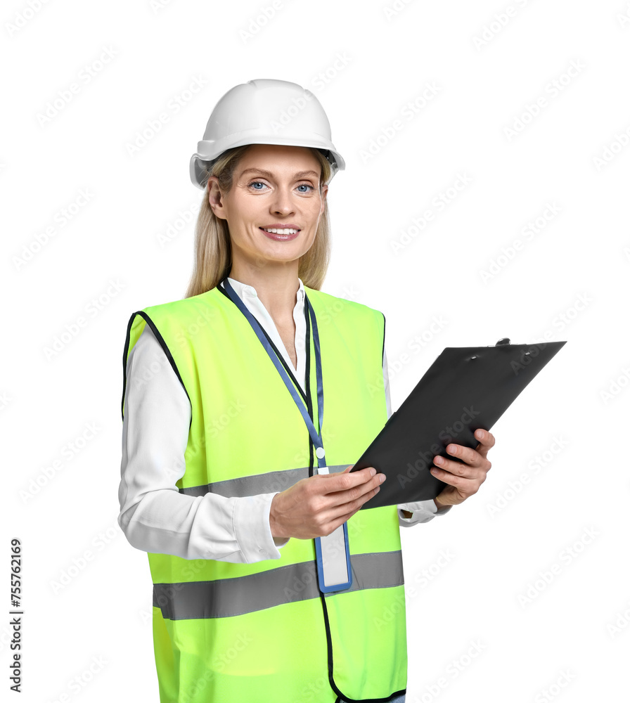 Engineer in hard hat holding clipboard on white background Engineer in hard hat holding clipboard on white background