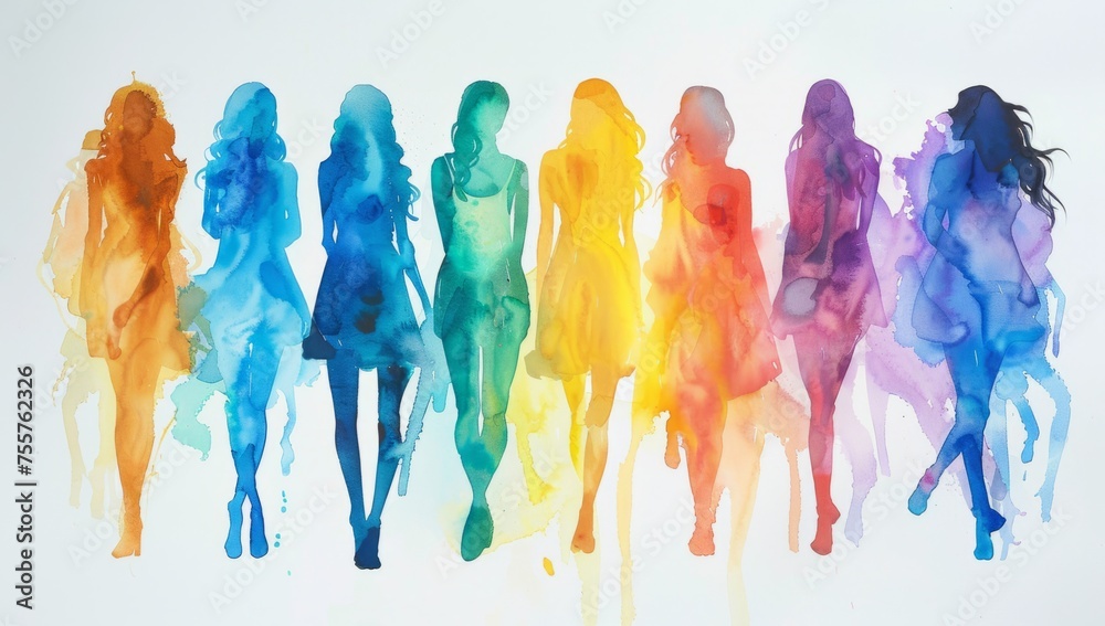 colorful watercolor silhouettes of women standing in a row with a white background creating a dreamy atmosphere Generative AI