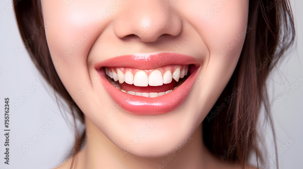 Close - up cropped of a beautiful smiling woman with white perfect teeth isolated on blue studio background with copy space. Dental care. Stomatology. Dentistry concept. Close - up cropped of a beautiful smiling woman with white perfect teeth isolated on blue studio background with copy space. Dental care. Stomatology. Dentistry concept.