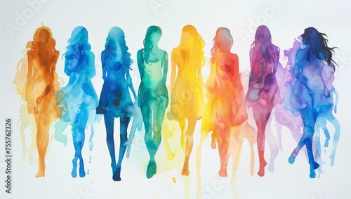 colorful watercolor silhouettes of women standing in a row with a white background creating a dreamy atmosphere Generative AI © sean