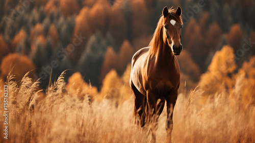Brown horse against the backdrop of an autumn landscape with copy space © Tetiana