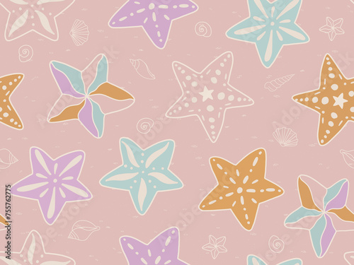 Seamless vector pattern. Pastel colored starfish outlines muted pink background, textile, wallpaper