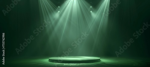 Green podium spotlight stage for product display, abstract scene on wall and floor background