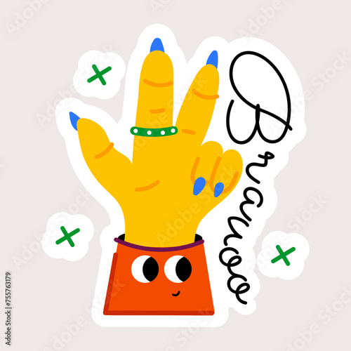 Hand gesture with bravo word, trendy flat sticker 