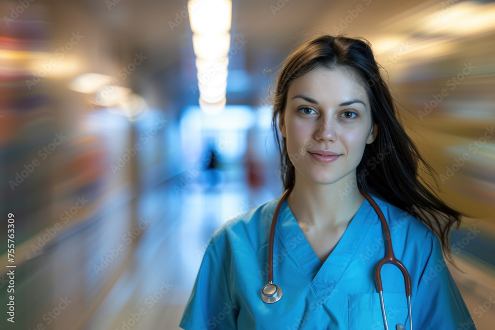 A portrait of a female health care medical worker, blurred background, motion blur, long exposure, bokeh. Created with Generative AI technology. A portrait of a female health care medical worker, blurred background, motion blur, long exposure, bokeh. Created with Generative AI technology.