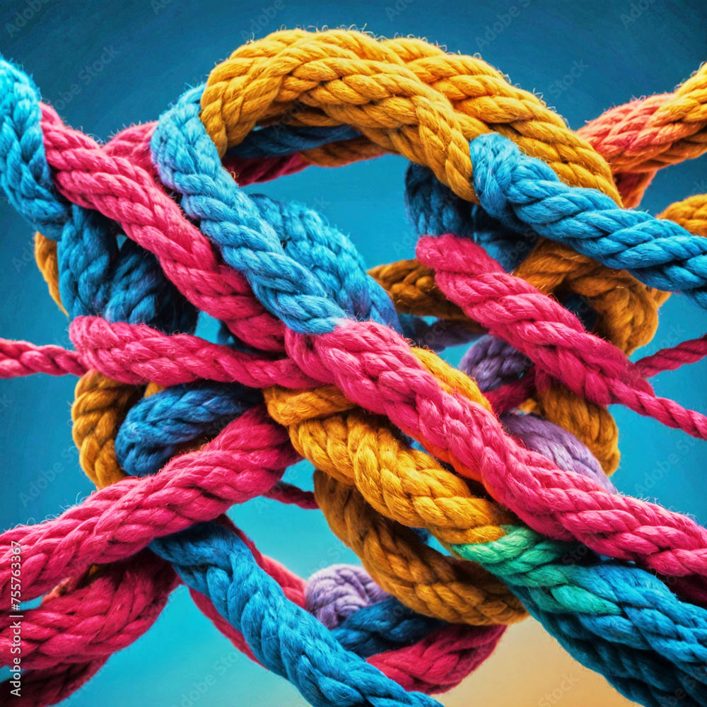Macro photography of brightly colored ropes intertwined by knots on a blue background.
