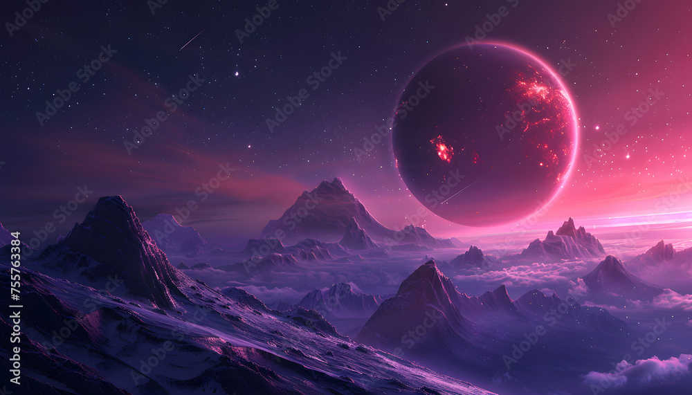Moonlit Mountain Landscape with Stars and Alien Planet in Night Sky.