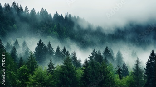 A dense fog rolling over a tranquil forest #755763318