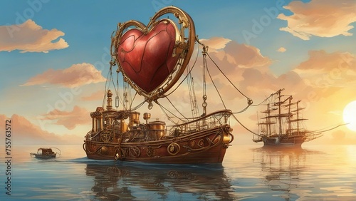 boat in the sea _A steampunk love background with a heart on water. The heart is a natural organ that is enhanced   photo