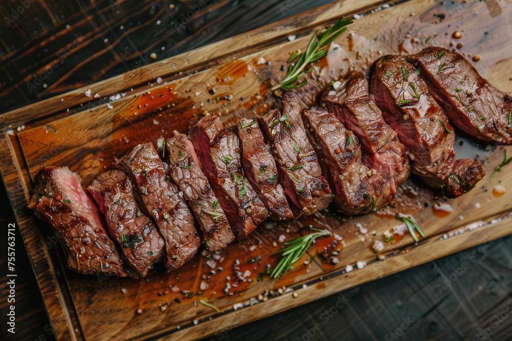 Perfectly cooked medium rare steak, sliced and served on a wooden board with fresh herbs and a balsamic glaze..