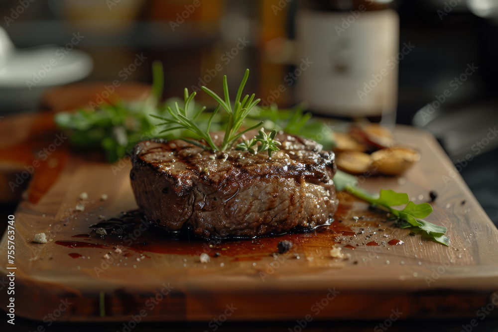 Juicy grilled steak garnished with fresh herbs and cherry tomatoes on a dark plate, showcasing gourmet cooking..
