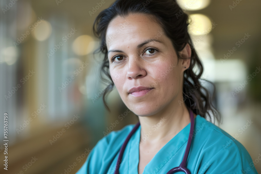 Fototapeta premium A portrait of a female health care medical worker, blurred background, motion blur, long exposure, bokeh. Created with Generative AI technology.