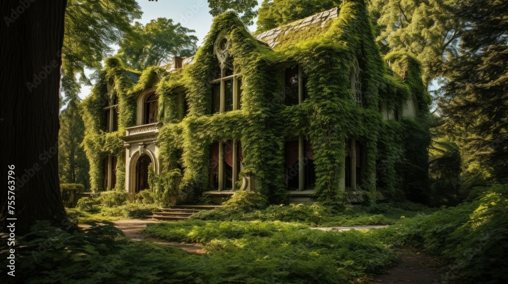 A haunted house with ivy covered walls