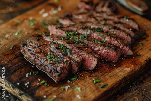 Perfectly cooked medium rare steak, sliced and served on a wooden board with fresh herbs and a balsamic glaze..