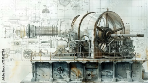 Schematic diagrams of intricate machines, workings of engineering marvels