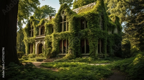 A haunted house with ivy covered walls