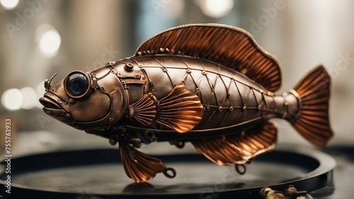 fish _a steampunk         A close-up view of a steampunk  fish, with copper scales, brass fins,   © Jared