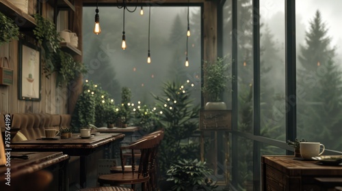 A realistic image of a cafe blending modern and rustic cabin styles, furnished with wood, plants, photo